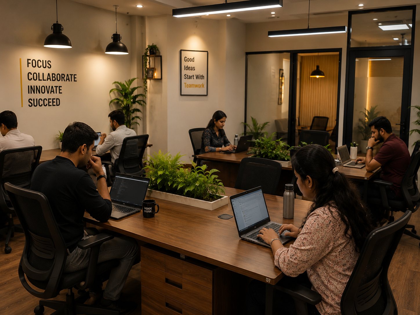 Shared desks with ergonomic chairs